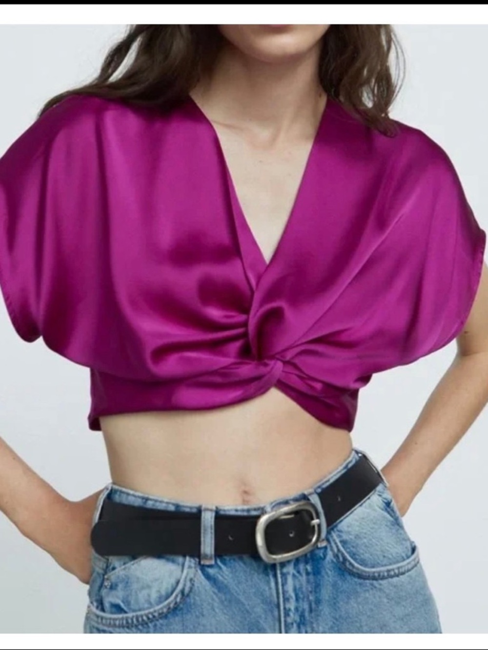 NWOT Zara Satin Magenta Twist Crop Top Blogger Favorite